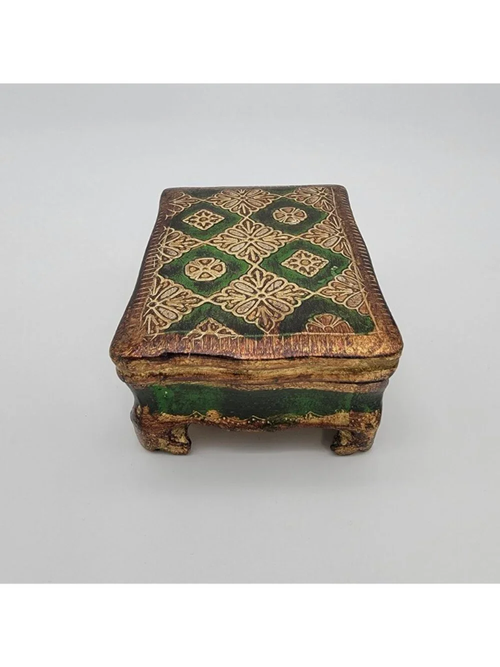 Vintage Italian Florentine Gilded Gesso Trinket Box Green & Gold